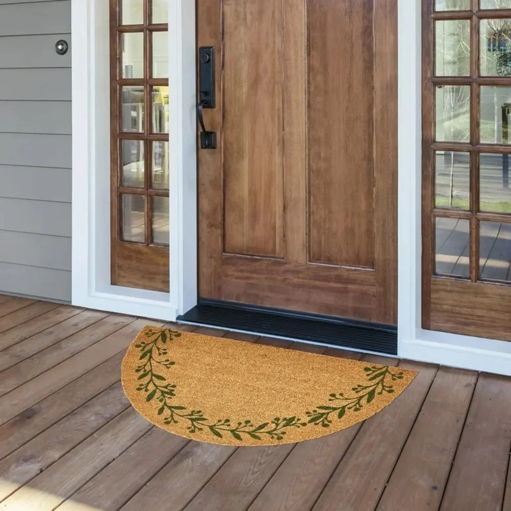 Green/Natural Berry Leaf Vine Half Circle Outdoor Coir Doormat, 18